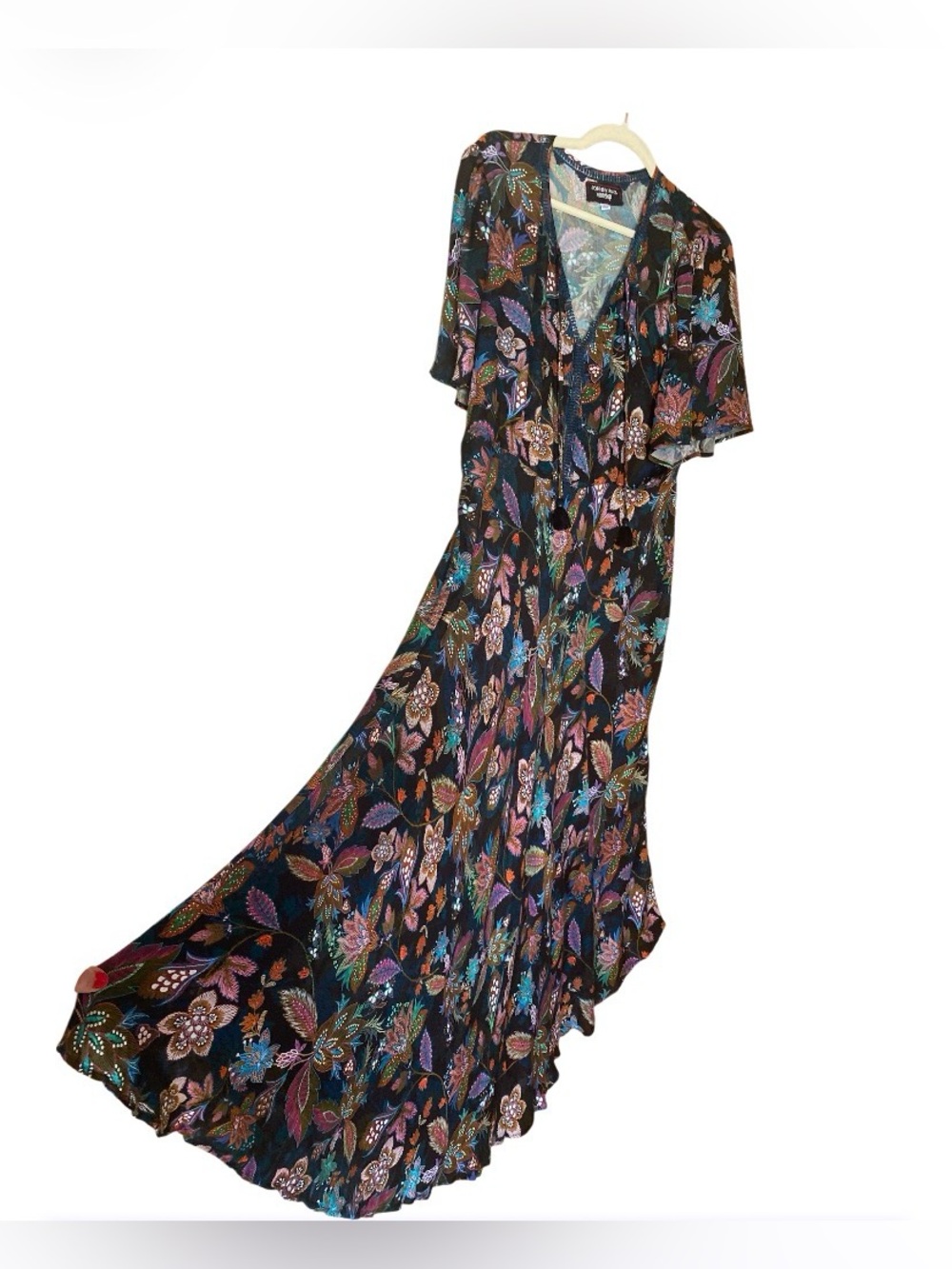 Johnny Was Black Floral Tie-Neck Maxi Dress size L - Picture 7 of 16